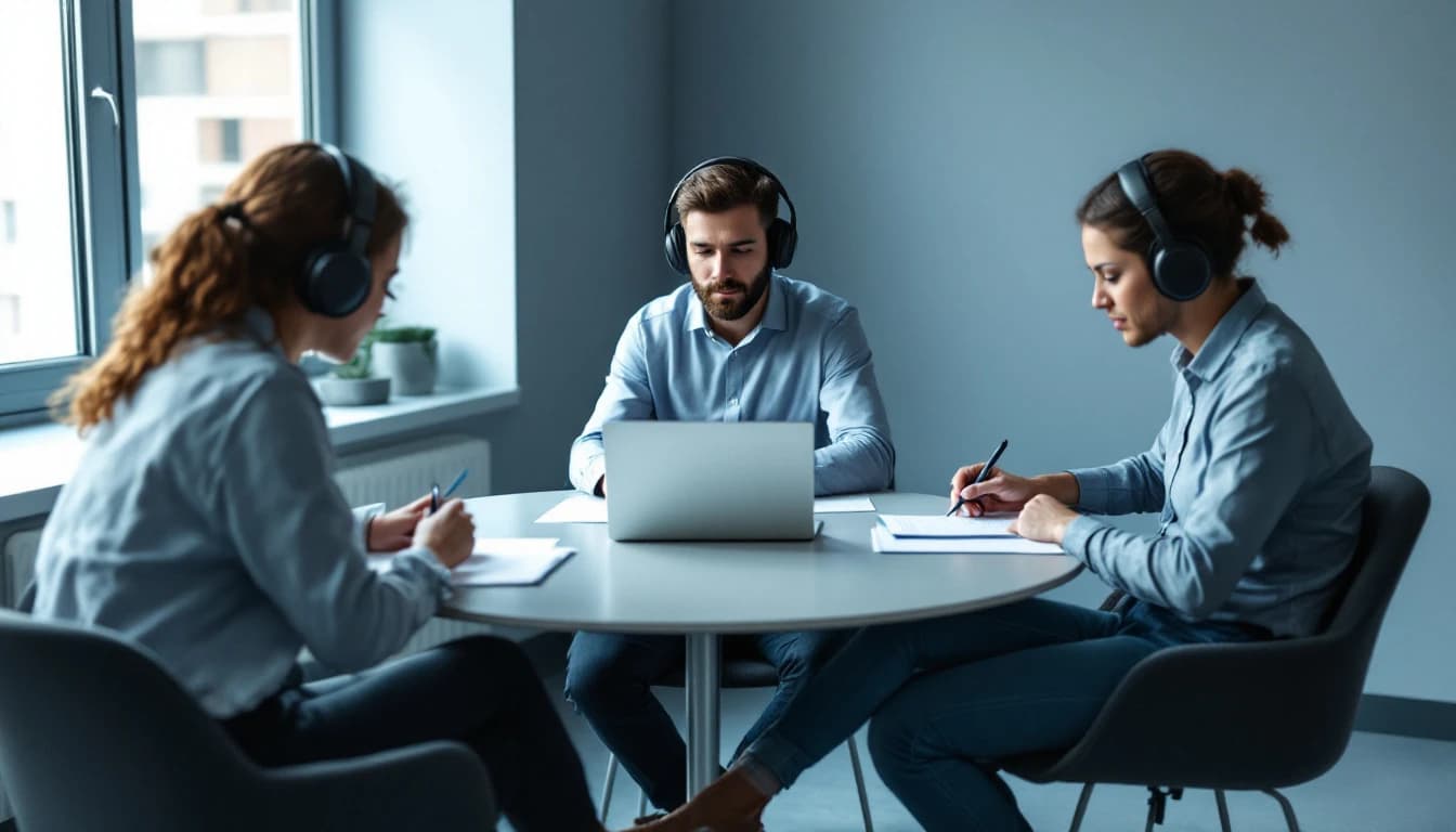 Three reviewers seated around a small round table, each wearing headphones and writing separately on their own notepad