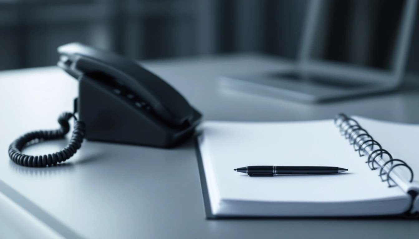 A telephone handset resting beside an open ring binder and a pen on a plain office desk in soft daylight