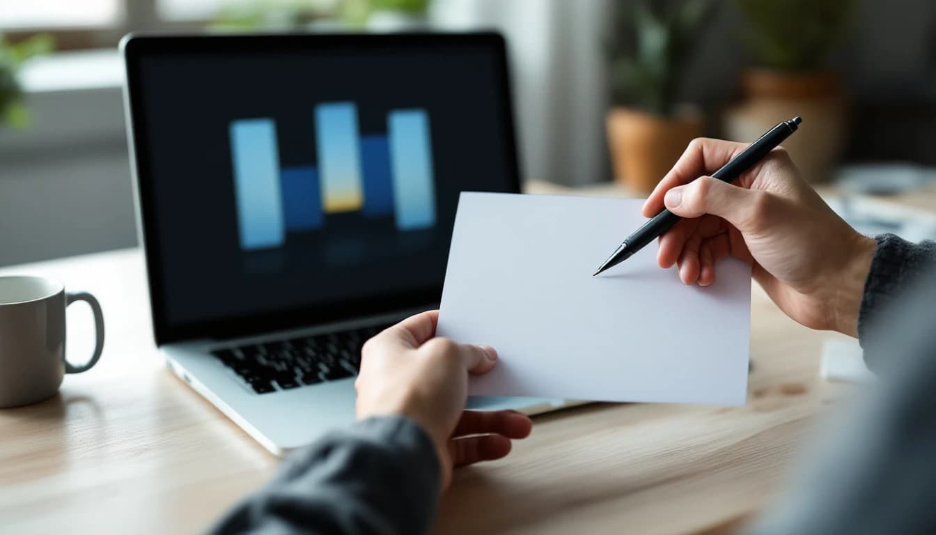 A supervisor's hand holding a pen over a blank printed sheet beside a laptop showing a row of plain abstract bars