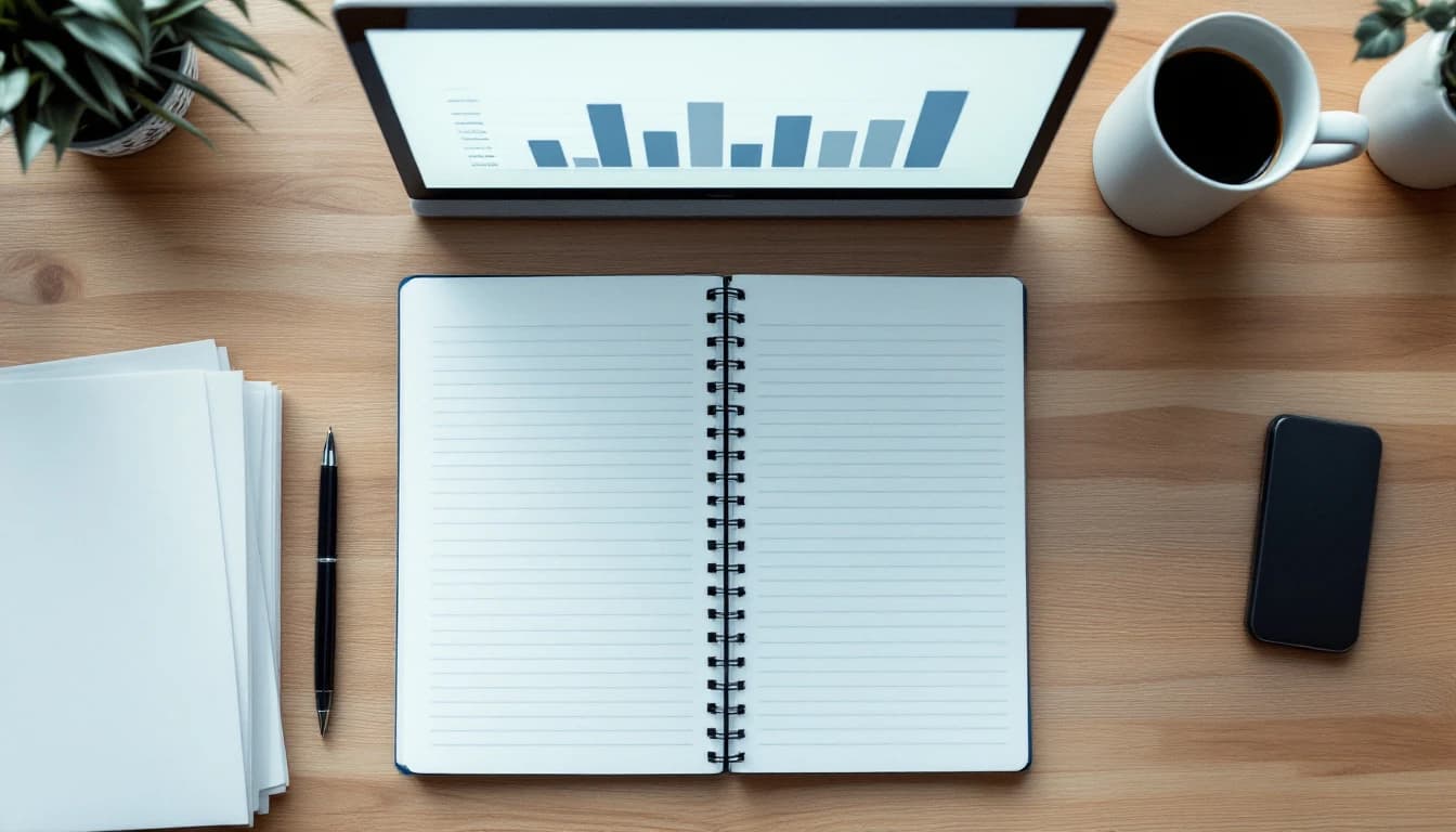 A supervisor's desk from above with a blank paper planner, a pen, a stack of paper and a laptop showing an abstract bar chart in early morning light