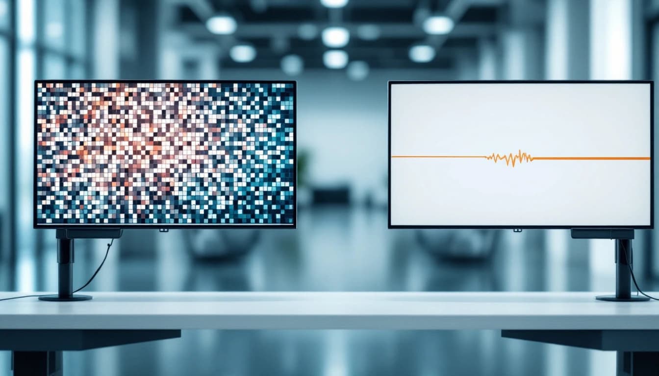 Two monitors side by side on an office desk, one filled with a busy mosaic of coloured tiles and the other showing a single flat line with one short burst