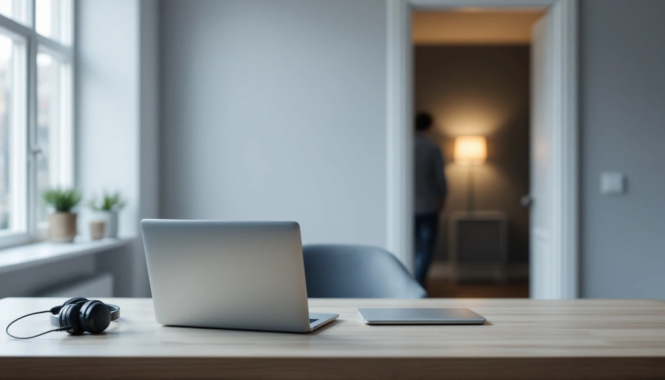A home desk with a headset and a laptop beside a half-open door, a hallway softly out of focus beyond it