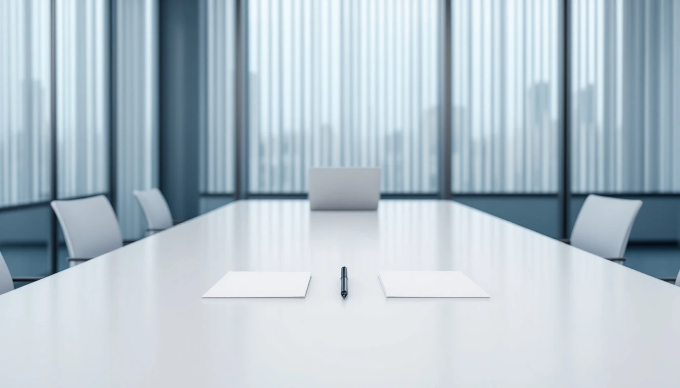 A conference table with two facing stacks of blank paper, a pen and a closed laptop in cool daylight