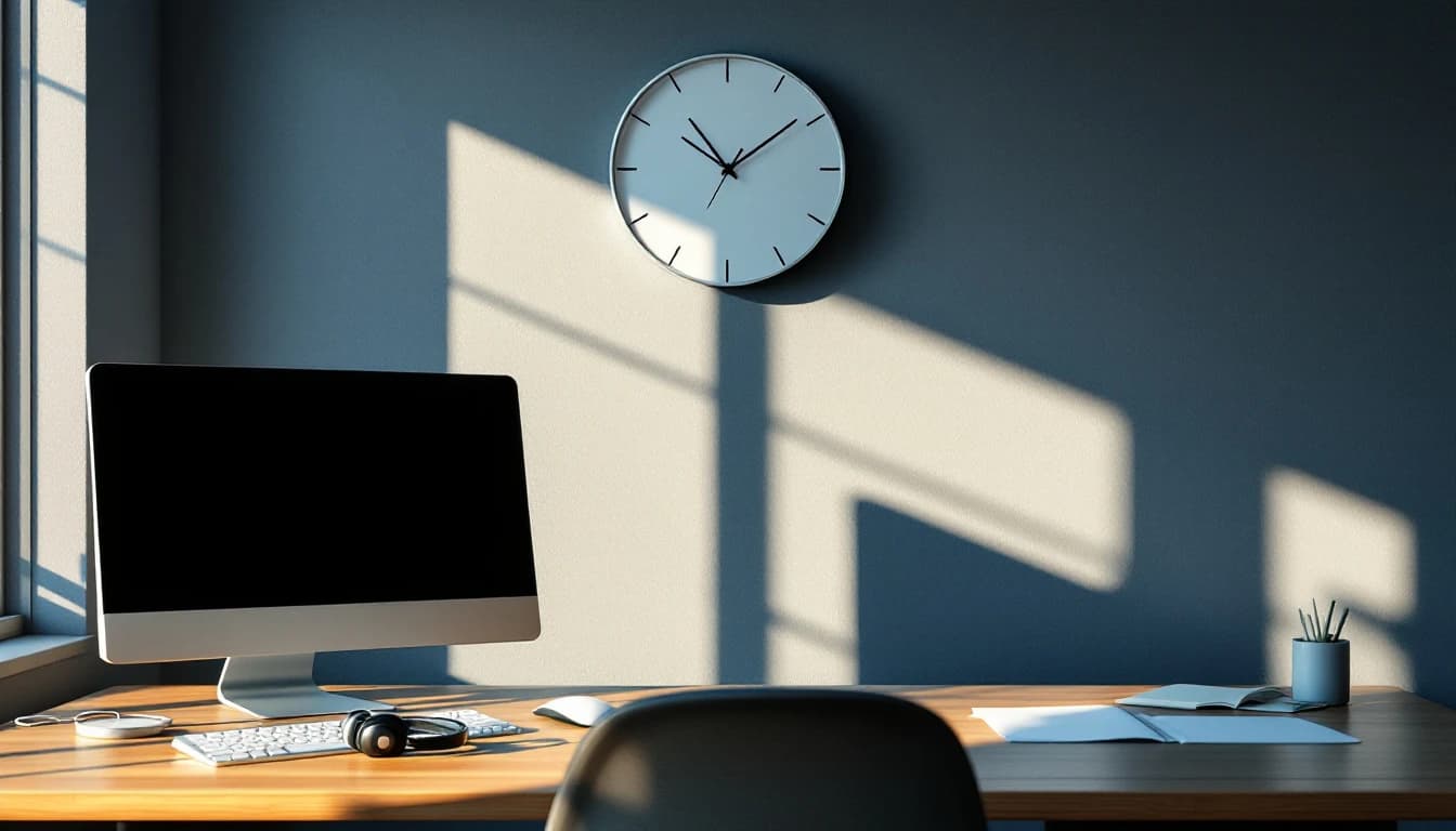 A plain round wall clock above an empty office desk with a headset beside the keyboard in late afternoon light