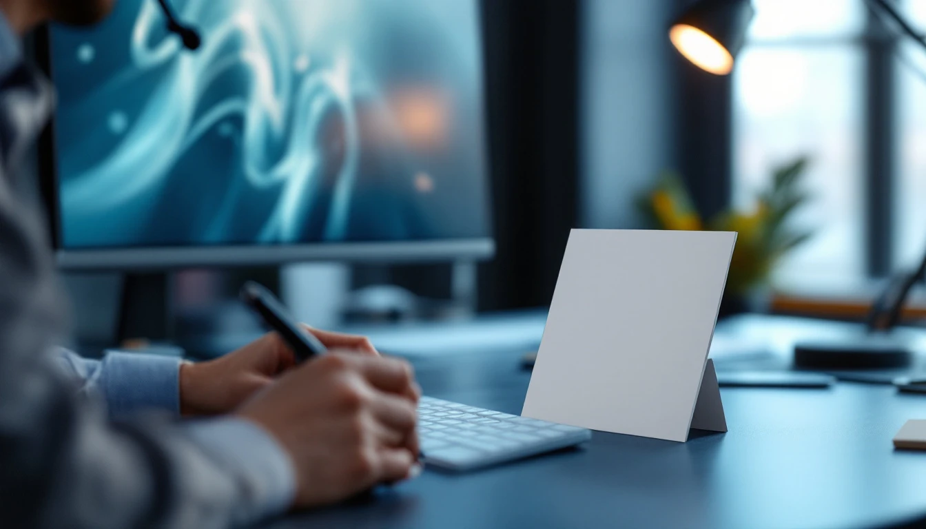 A collector at a desk wearing a headset, pen in hand, with a blank prompt card propped beside the keyboard and a monitor blurred behind