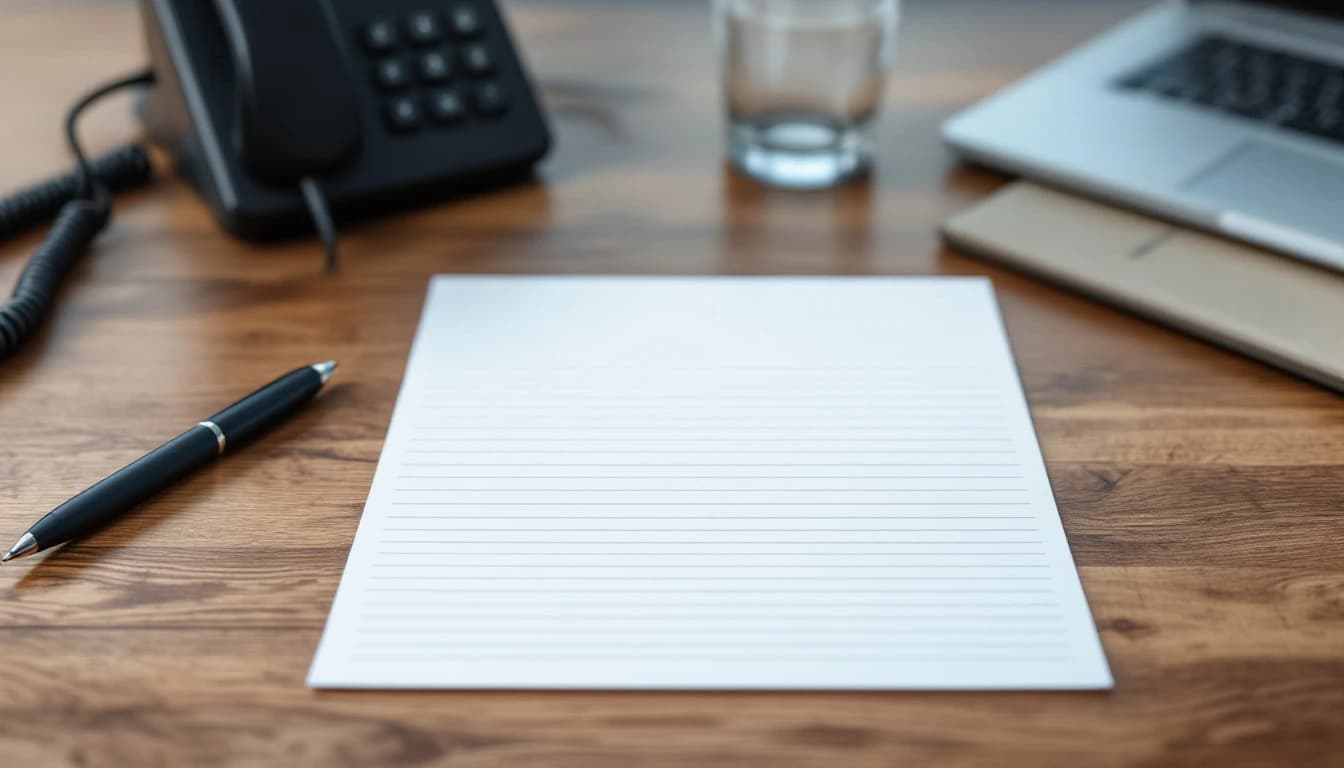 A desk phone and a pen beside a blank ruled sheet of paper on a wooden supervisor's desk