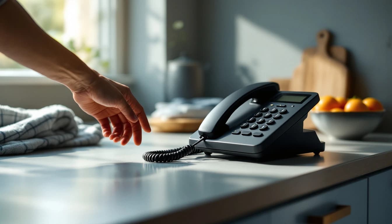 A hand reaching for a ringing desk phone on an empty kitchen counter in soft afternoon light
