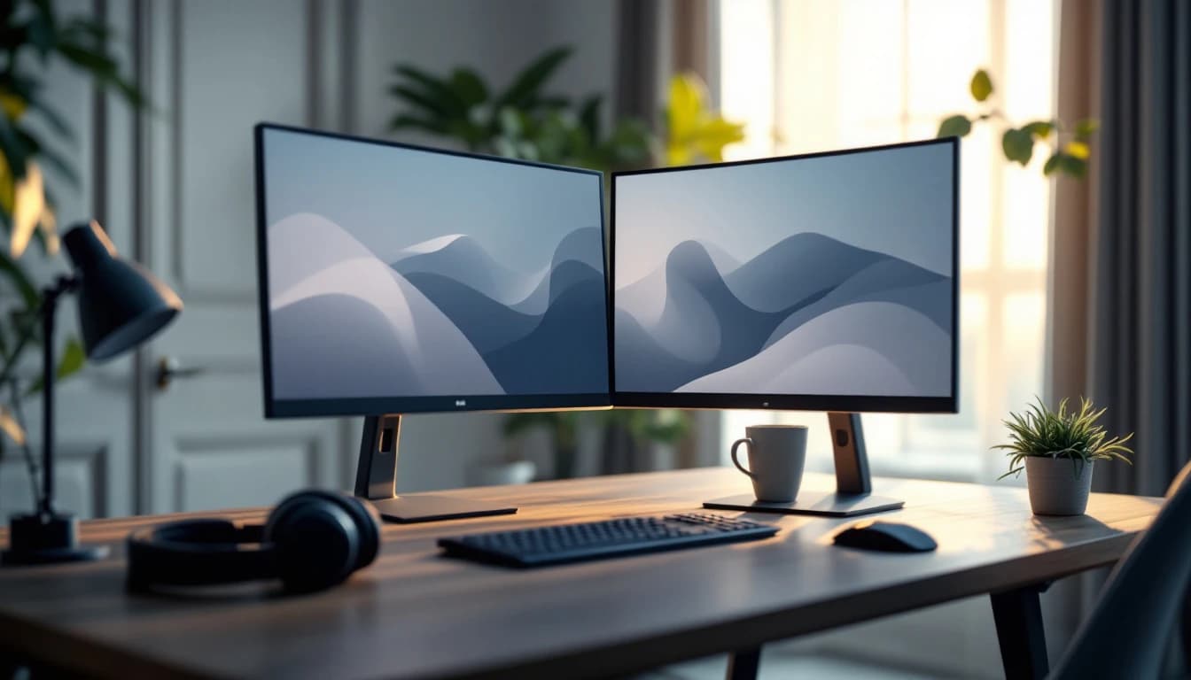 A collector's home desk with a headset, two monitors and a coffee cup in soft morning light