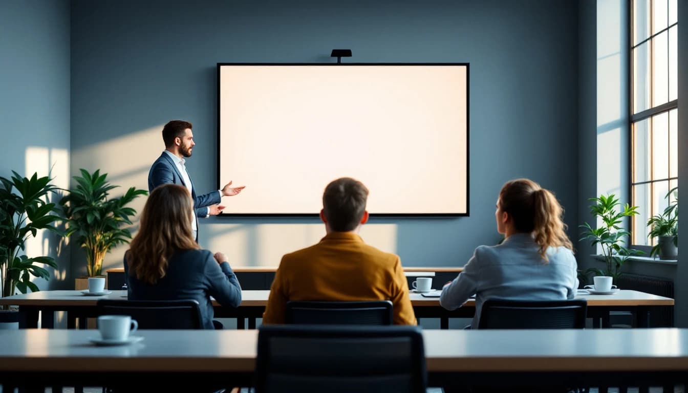 An empty meeting room with a laptop open to a video call grid of blank tiles, chairs pushed back, morning light