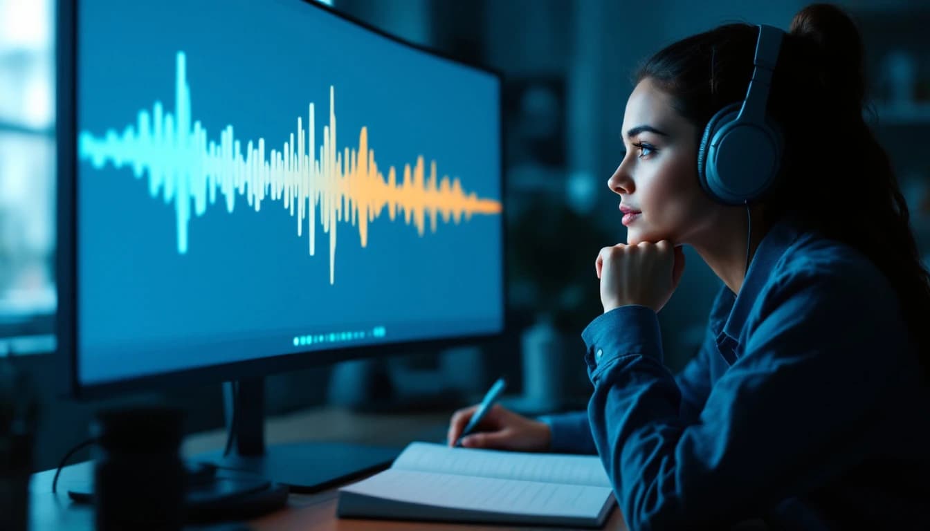 A supervisor wearing headphones at a quiet desk, pen paused over a notebook, reviewing an abstract audio waveform on screen