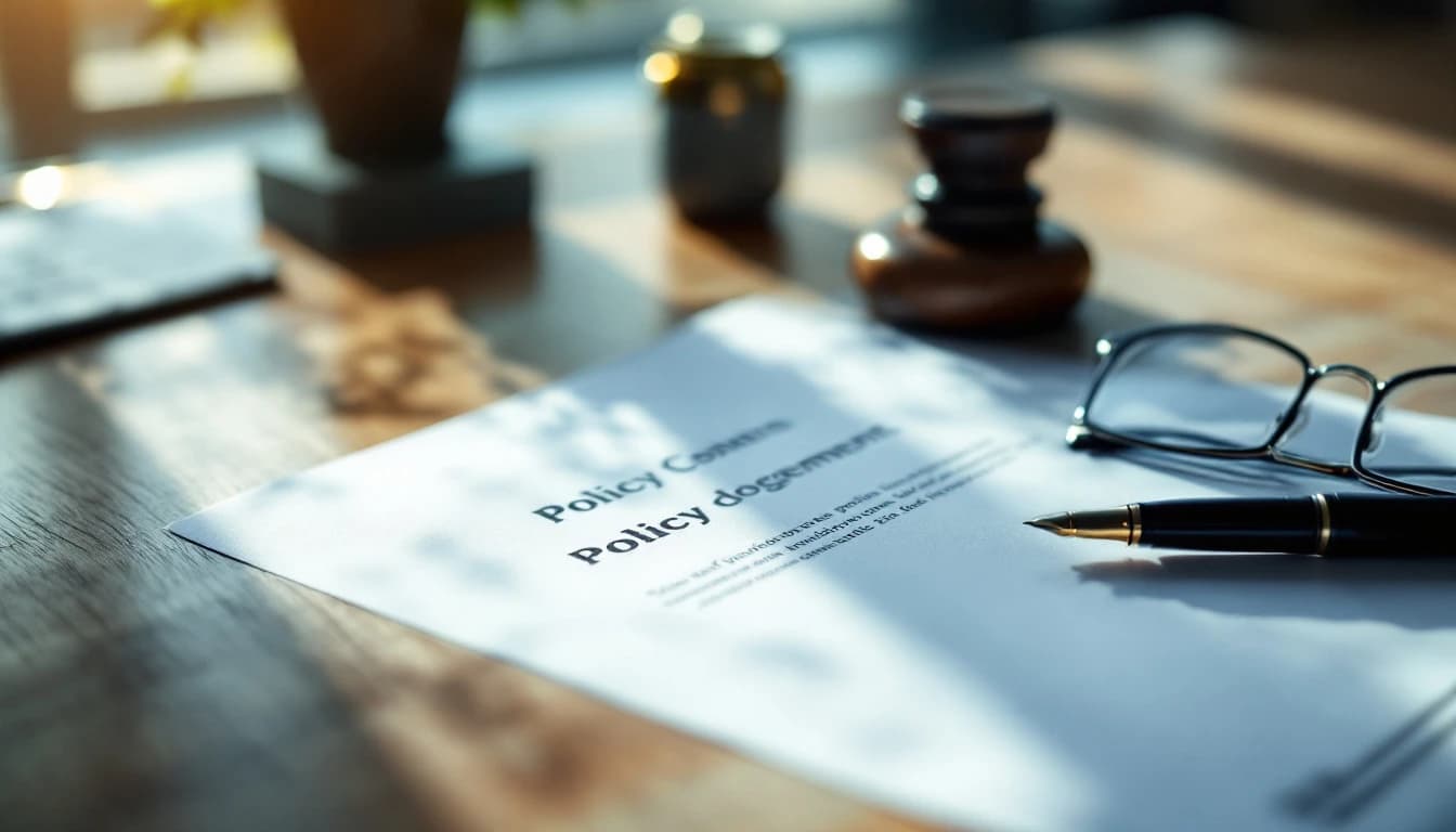 A signed policy document on a desk beside a pen and reading glasses