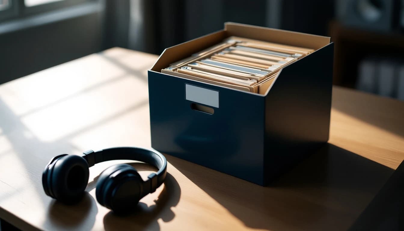 Labelled document folders in an archive box beside a pair of headphones