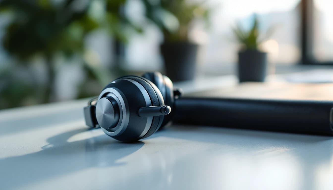 A professional headset resting on a clean desk beside a closed notebook