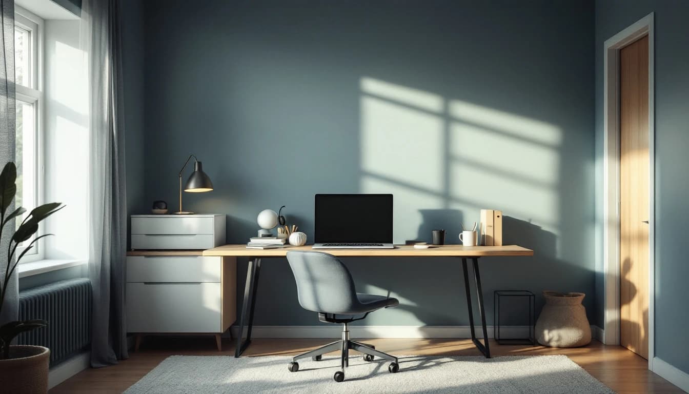 A tidy home office set up for professional work, with a headset resting on the desk